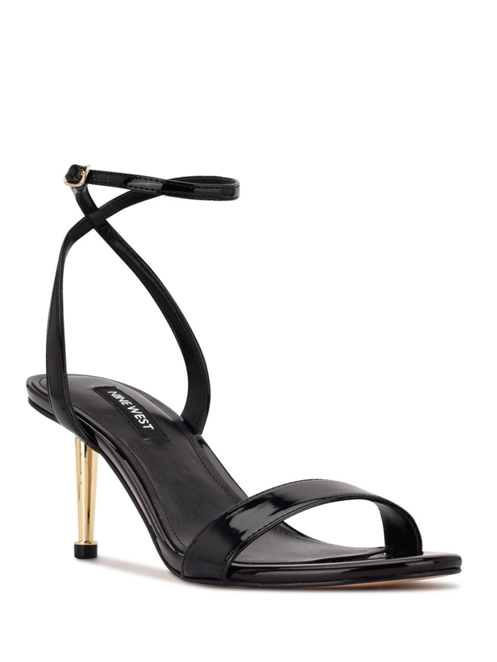 Nine West Black Patent Ankle-Strap Stiletto Sandals with Gold Heel